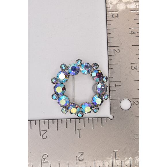 Vintage Crystal Pin Brooch Prong Rhinestone AB Blue Retro Round 1950s Glam BinBP - Picture 12 of 12